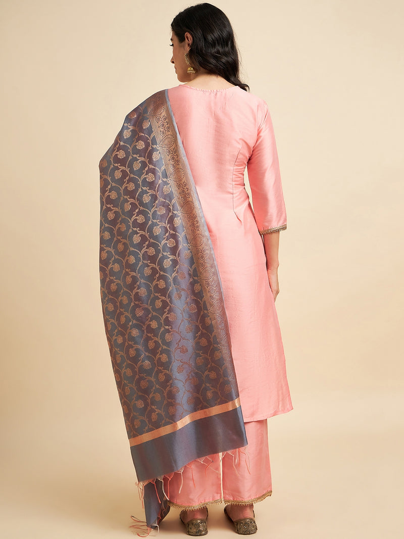 Peach Raw Silk Straight Calf Length Kurta With Palazzo Dupatta Set