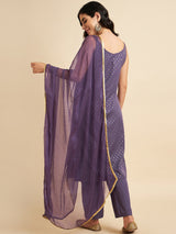 Purple Gold Cut Sleeve Straight Kurta Set With Dupatta