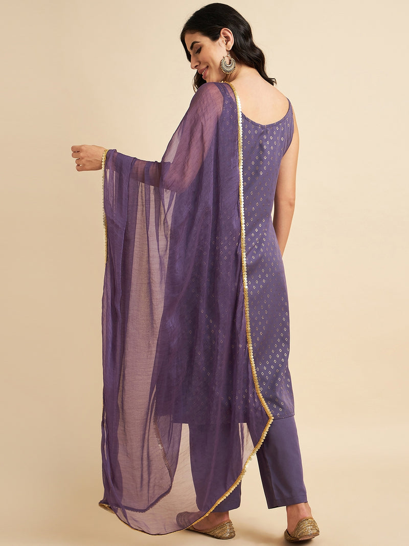 Purple Gold Cut Sleeve Straight Kurta Set With Dupatta