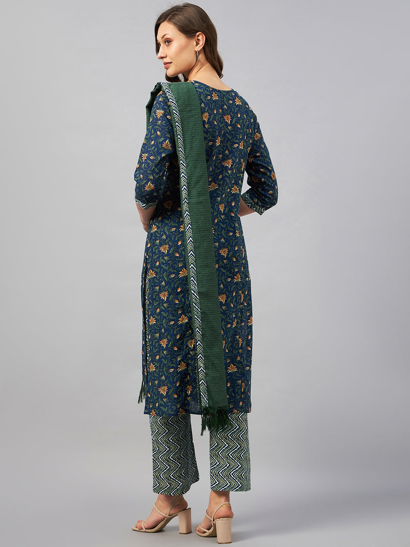 Floral Printed Kurta With Palazzo & Dupatta Set