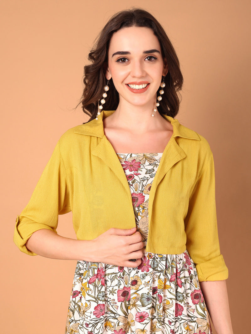 Floral Printed Flared Dress With Solid Jacket