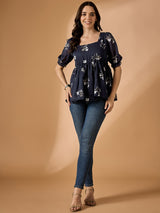 Blue Floral Printed Empire Top