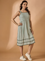 Green Square Neck Striped Dress