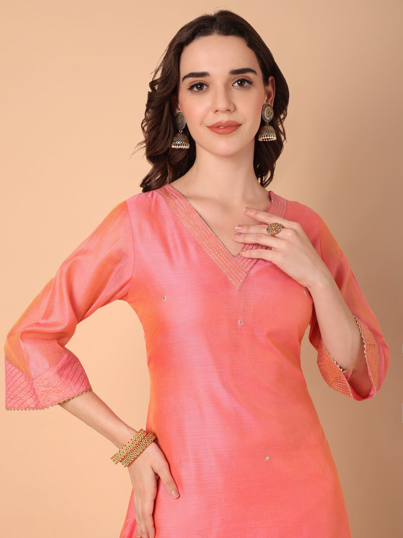 V-Neck Embroidery Kurta With Palazzo & Dupatta Set