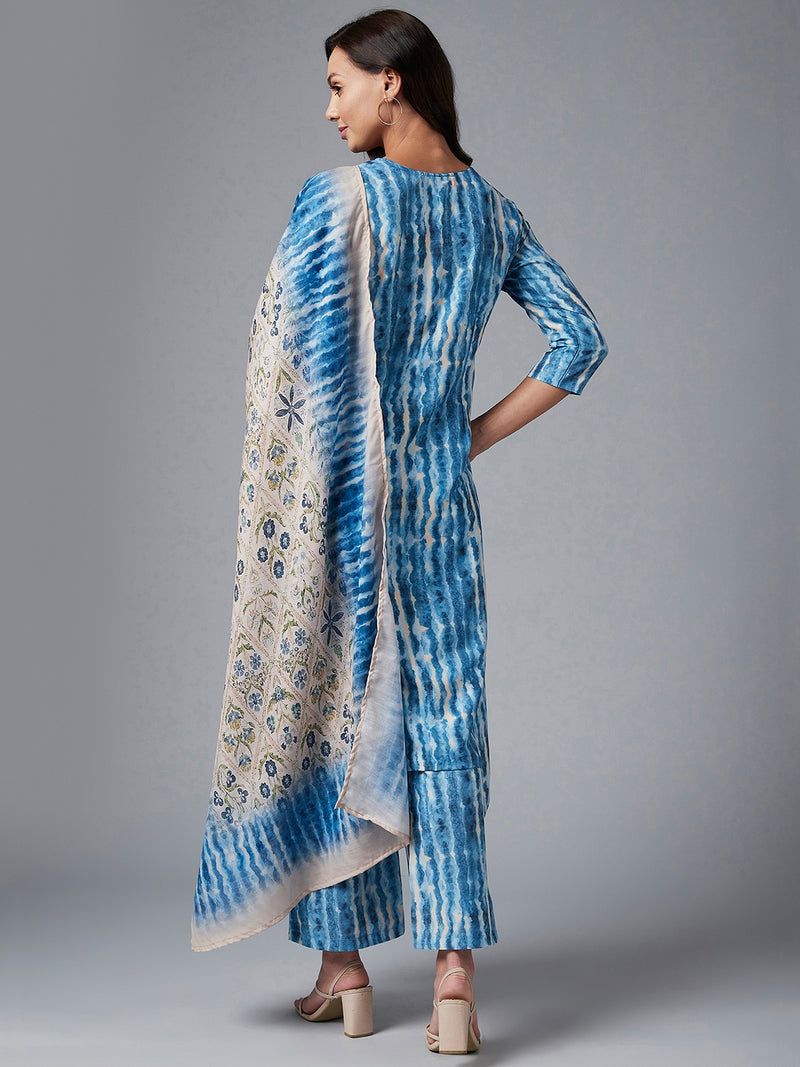 Tie & Dye Blue Kurta With Palazzo & Dupatta Set