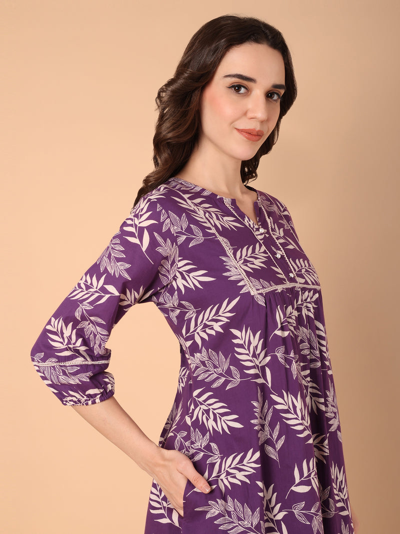 Leaf Print A-Line Dress