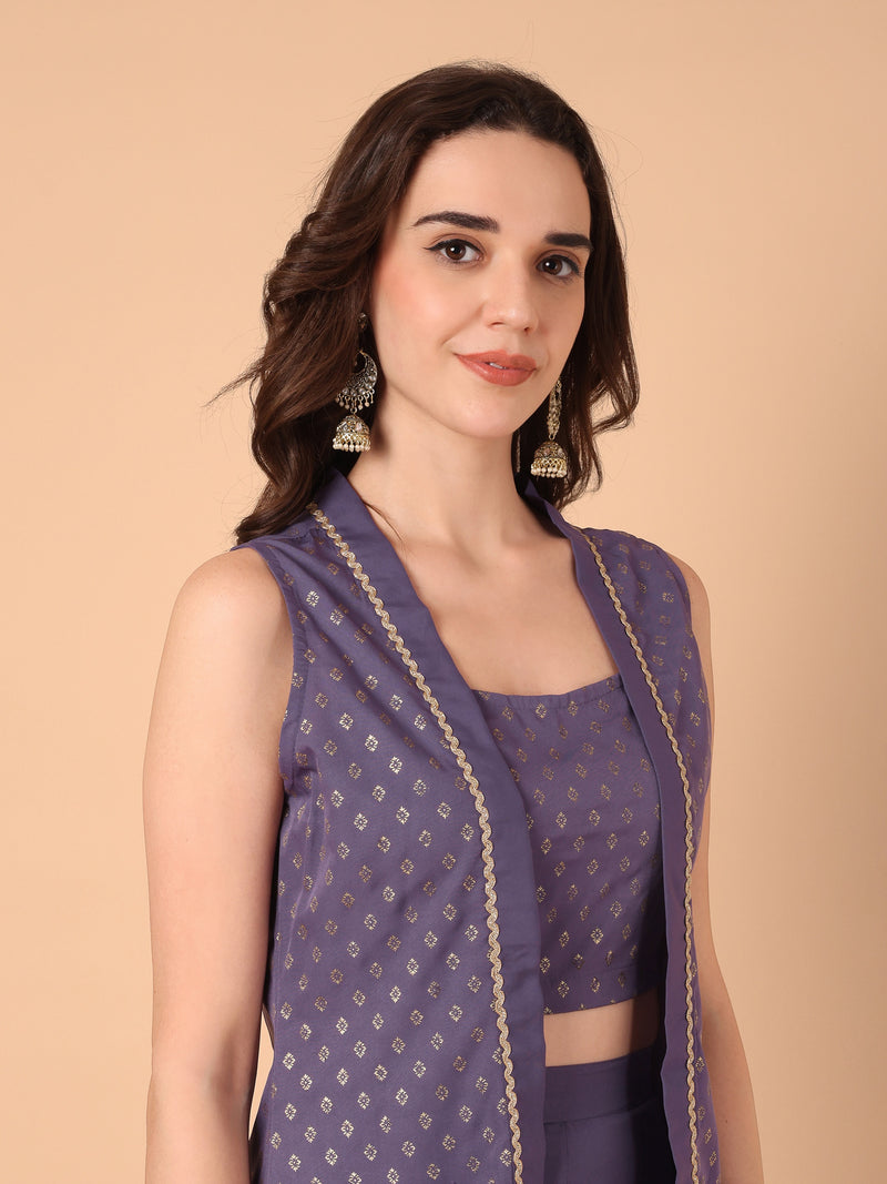 Printed Top with Front Open Embellished Shrug With Sahara Set