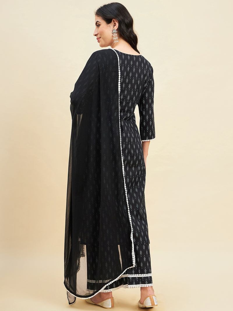 Black Cotton Straight Calf Length Kurta With Palazzo Dupatta Set