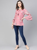 Pink and Grey Floral Printed Gathered Top Having Round Neck with Ruffle Sleeves