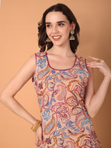 Round Neck Paisley Printed Kurta With Sahara & Dupatta Set