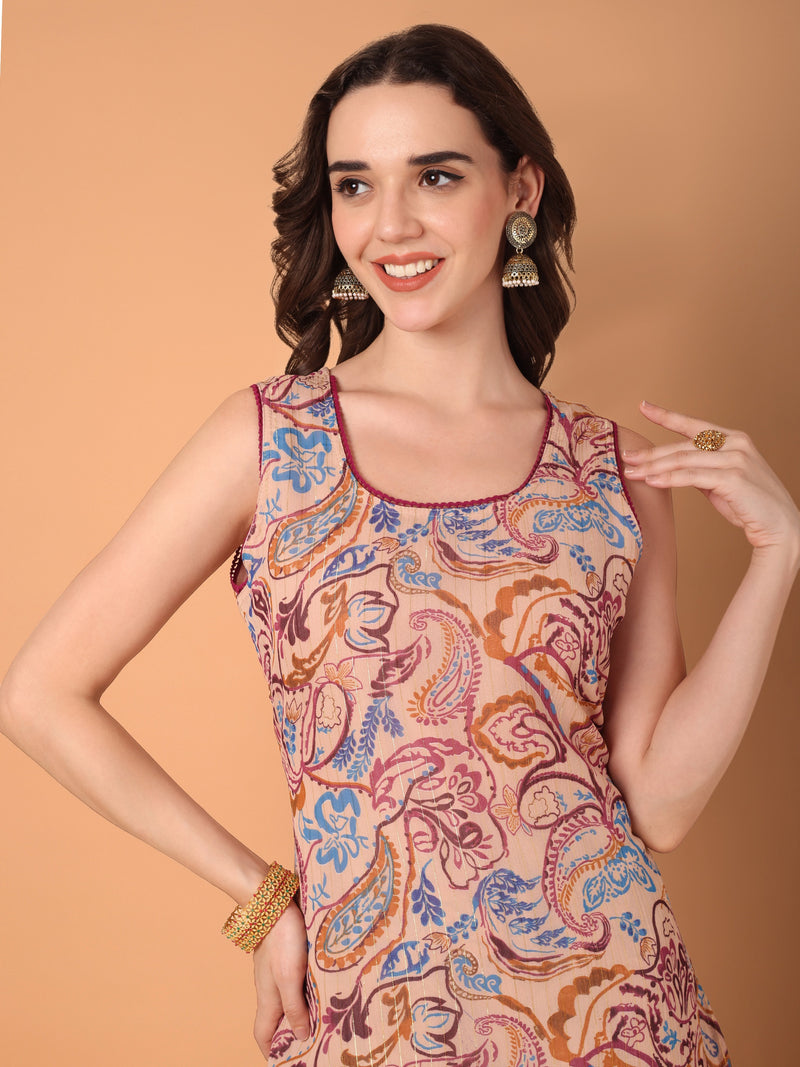 Round Neck Paisley Printed Kurta With Sahara & Dupatta Set