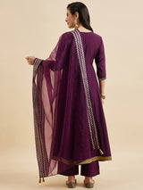 Embroidered Kurta With Palazzo & Dupatta