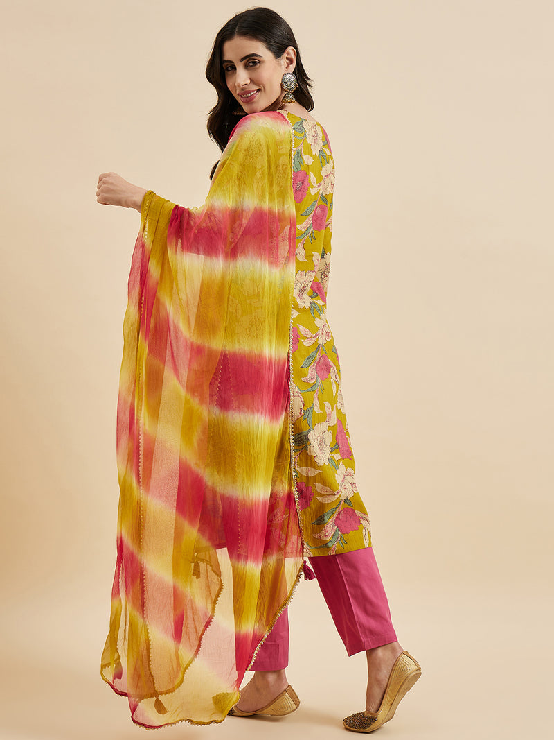 Floral Printed Kurta With Palazzo & Dupatta Set