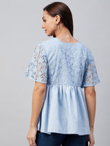 Solid Blue and Flower Lace Gathered A-Line Top