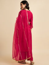 Fuchsia Rayon Silk Straight Calf Length Kurta With Palazzo Dupatta Set