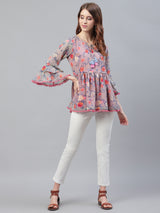 Grey and Peach Floral Gatherd Top Having Pom-Pom on Sleeves and Hemline