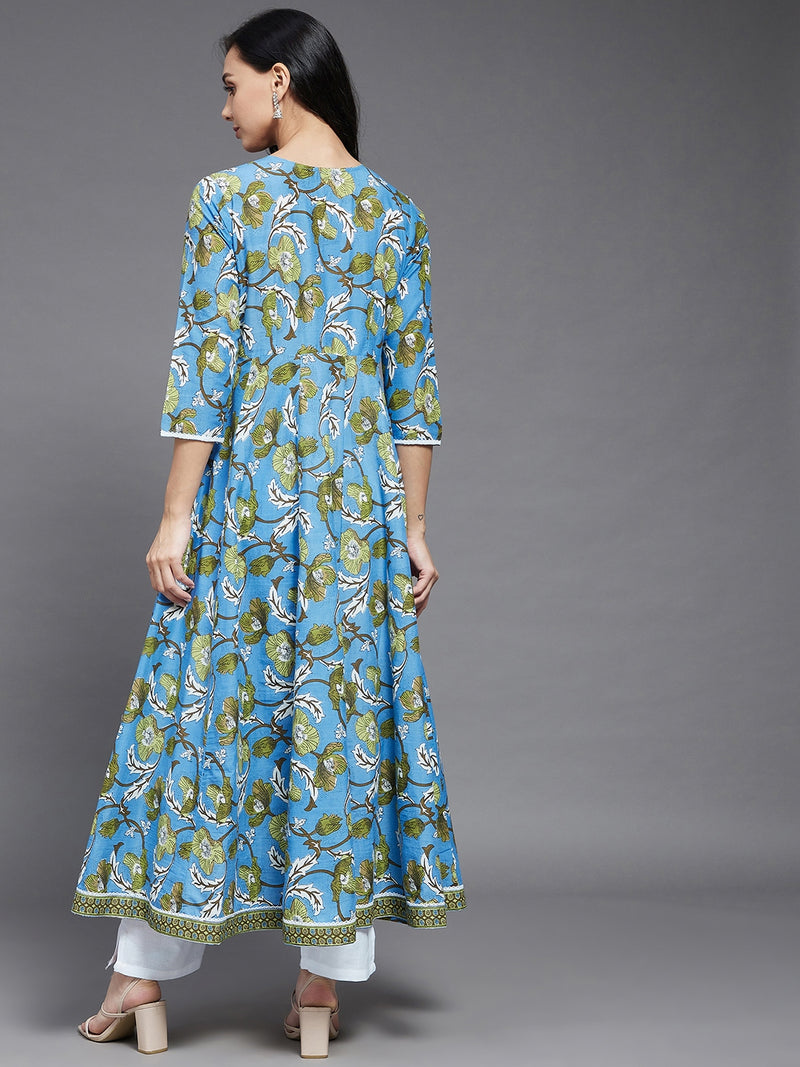 Blue and Green Floral Printed Anarkali Kurta