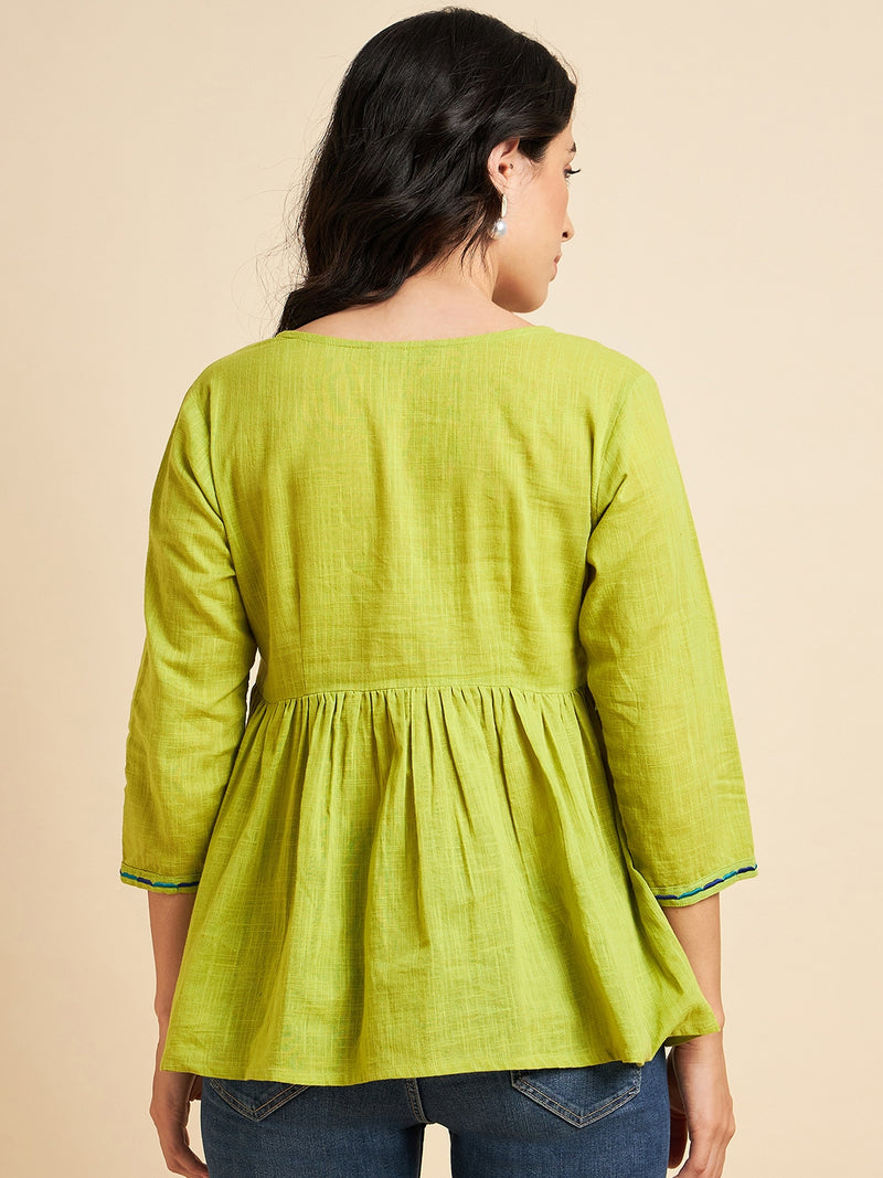 Lime Green Embroidered Peplum Cotton Top