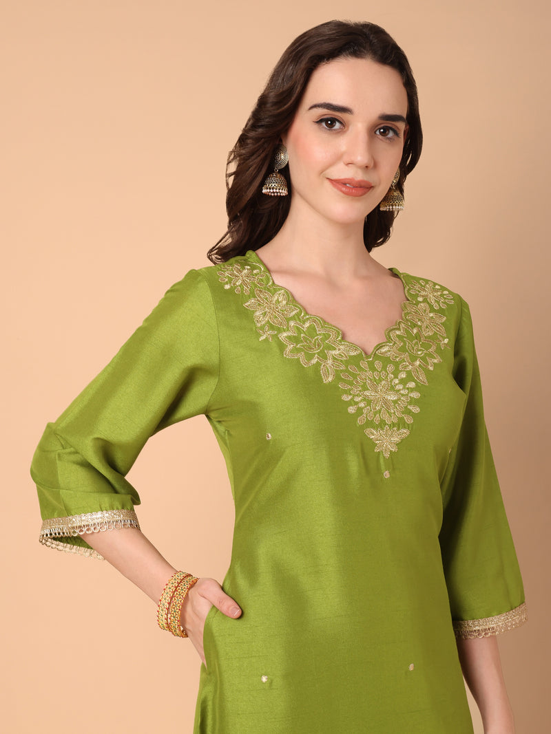 Embroidered Kurta With Palazzo & Dupatta Set