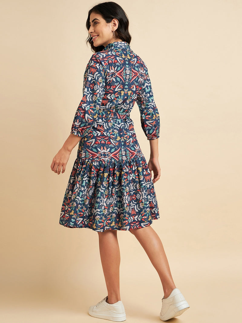 Floral Printed Tie Up Detail Mid Length Dress