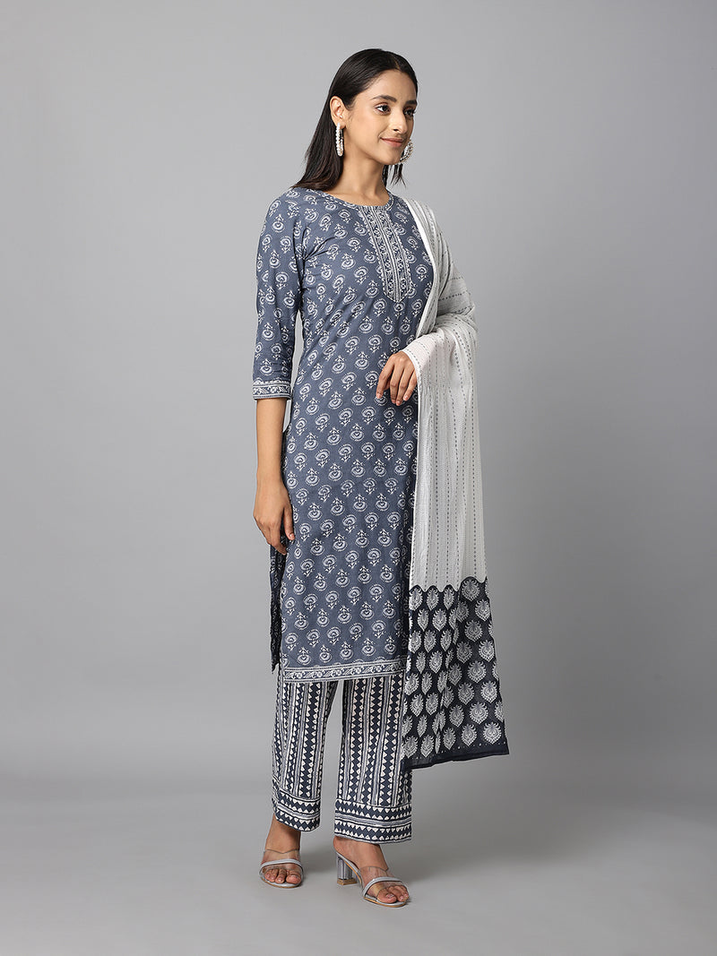 Cotton Printed Kurta With Dupatta & Palazzo