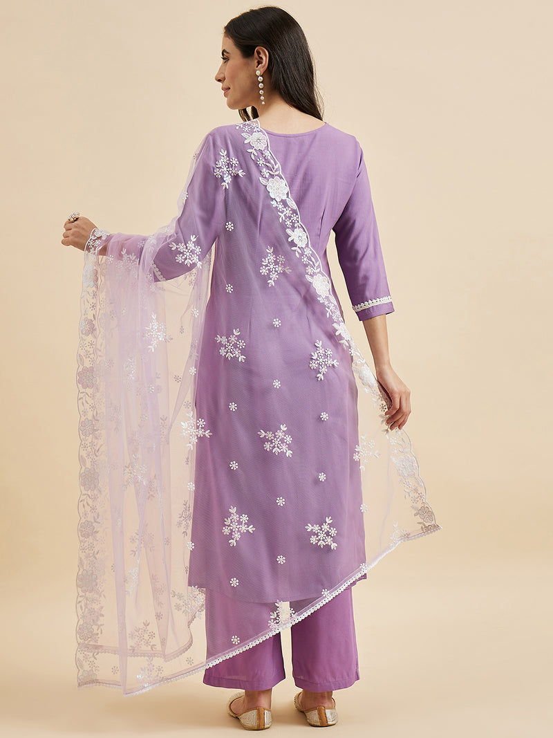 Embroidered Kurta With Palazzo & Dupatta