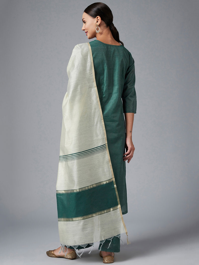 Green Embroidered Kurta With Dupatta & Palazzo