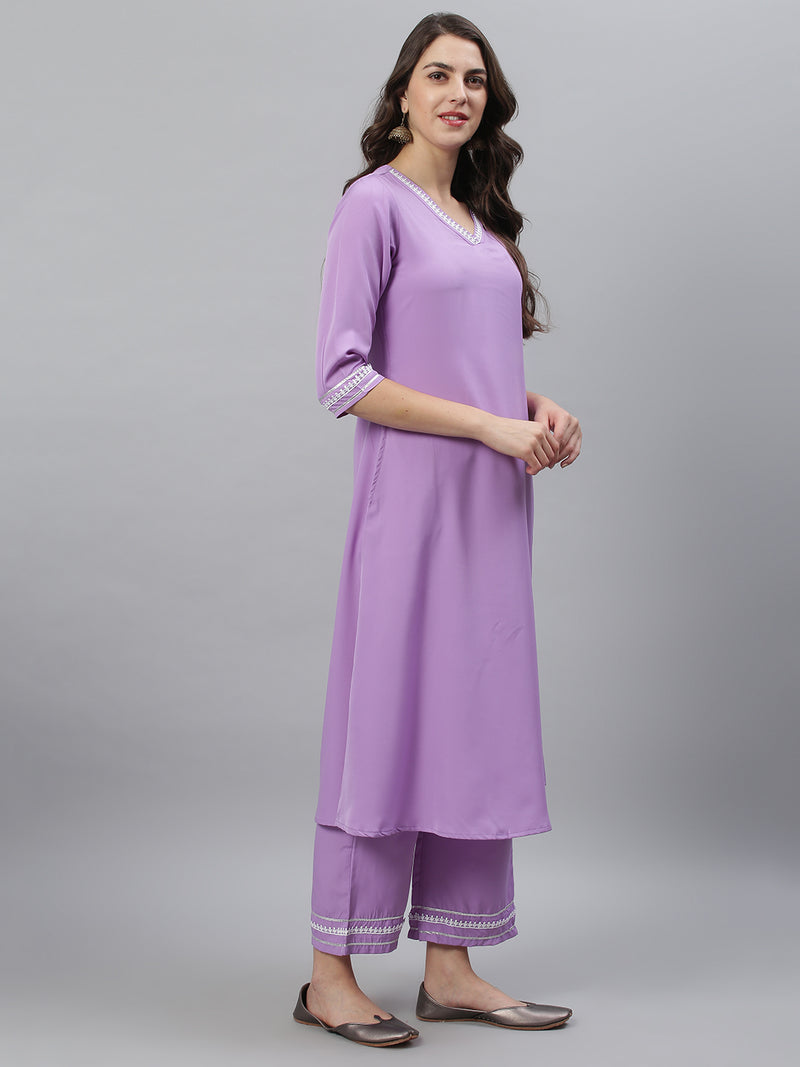 Lavender Solid A-Line Kurta Palazzo and Dupatta Set