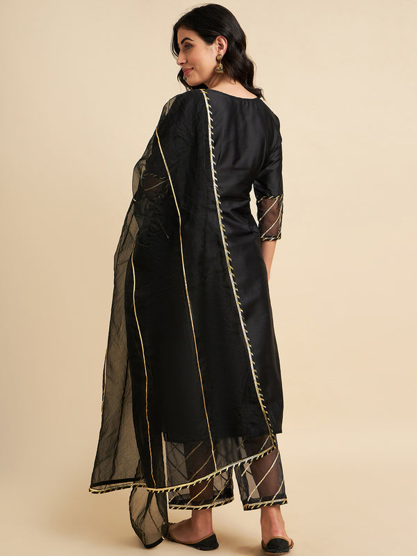 Black Raw Silk Straight Calf Length Kurta With Palazzo Dupatta Set