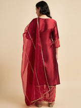 Maroon Raw Silk Straight Calf Length Kurta With Palazzo Dupatta Set