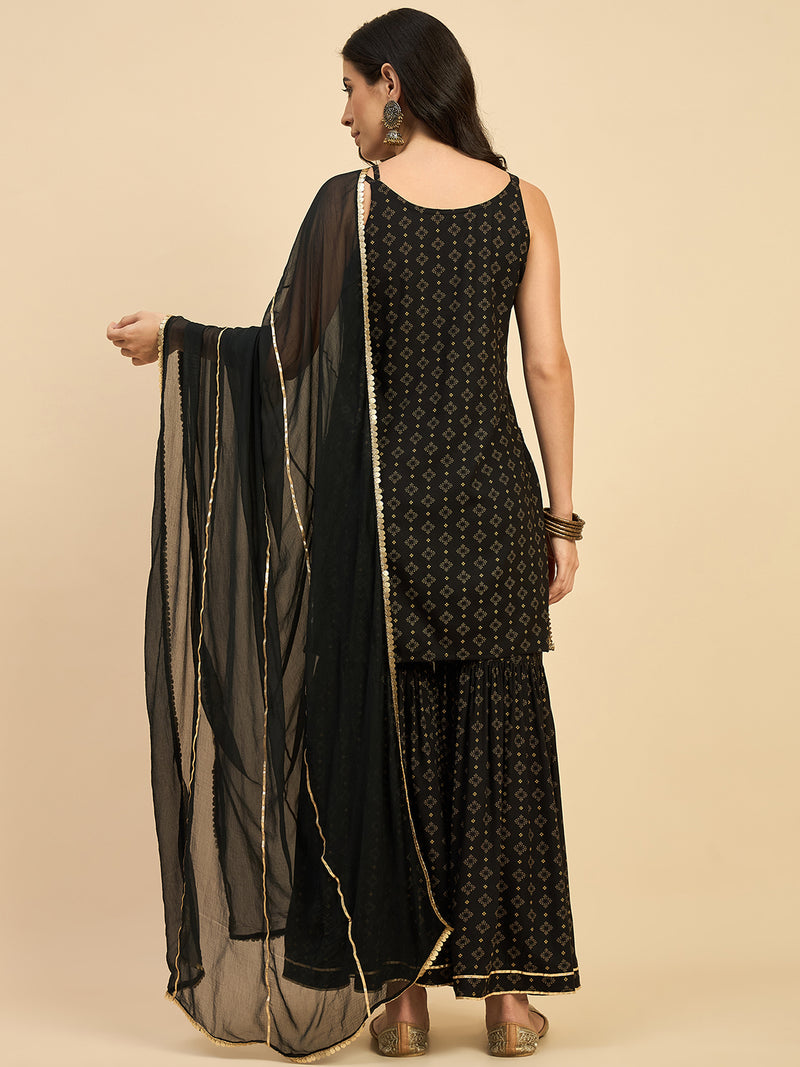 Motif Printed Kurta With Dupatta & Sharara Set