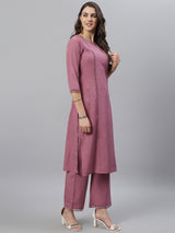 Mauve Solid Side Slit Straight Kurta Palazzo and Duapatta Set