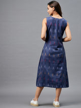 Navy Blue Ikkat Printed A-Line Button Down Dress