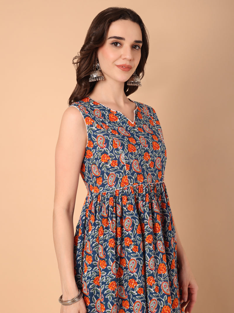 Floral Printed  Gathered Keyhole Neck  Kurta with palazzo & dupatta set
