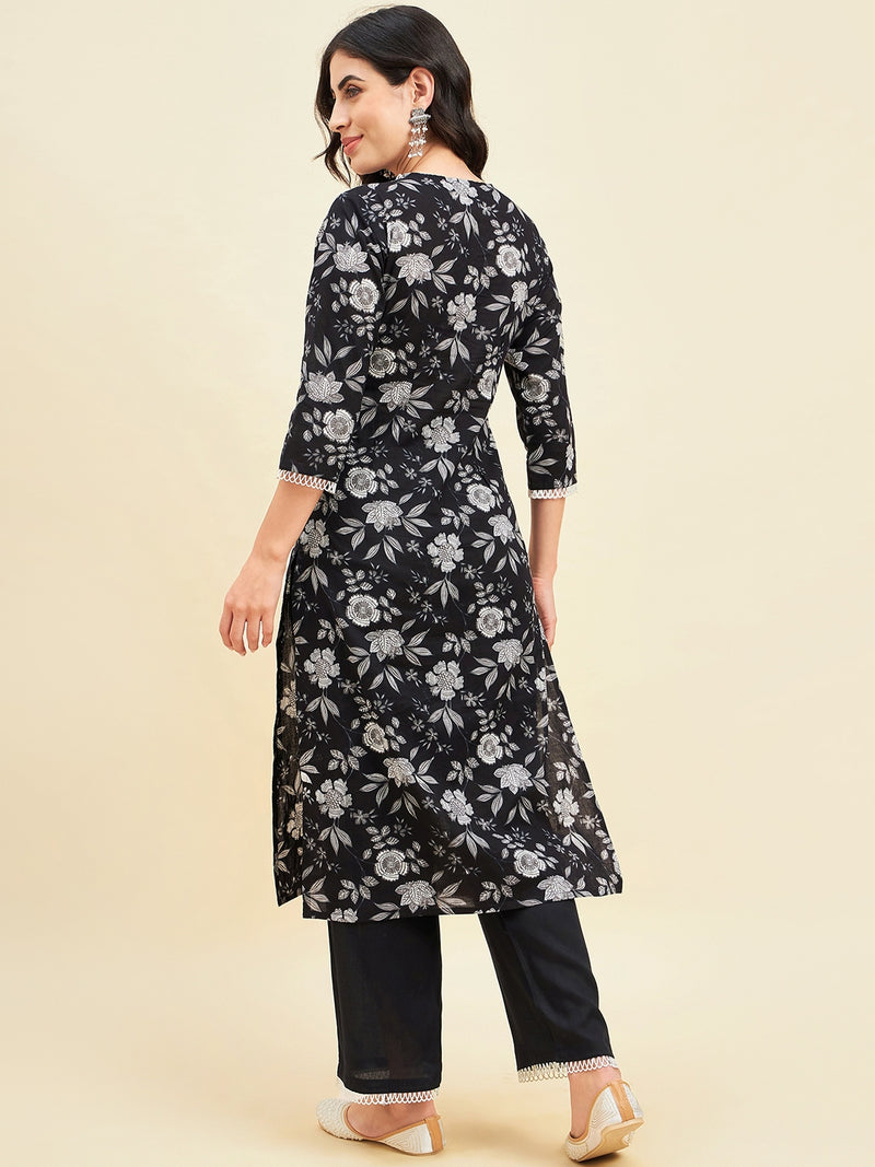 Black Cotton Straight Calf Length Kurta With Palazzo Set