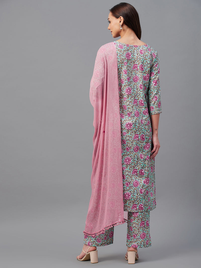 Straight Calf Length Kurta With Palazzo & Dupatta