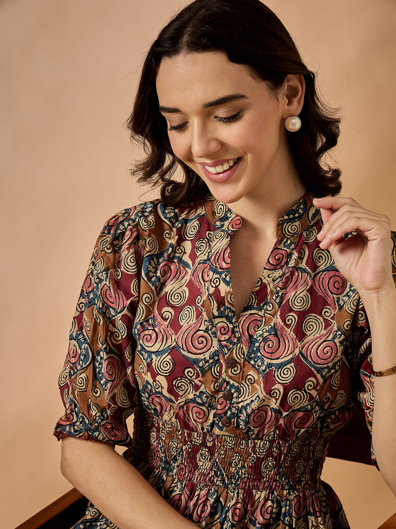 Brown Floral Printed Fit & Flared Dress