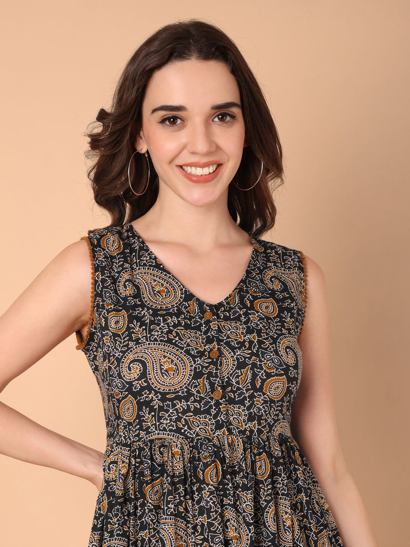 Paisley Print V-Neck Flared Dress