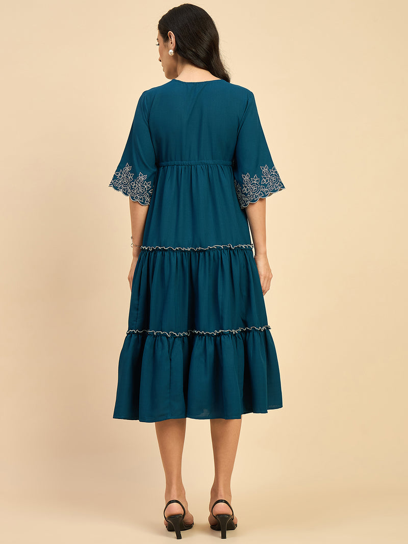 Blue Solid Embroidered Flared Dress