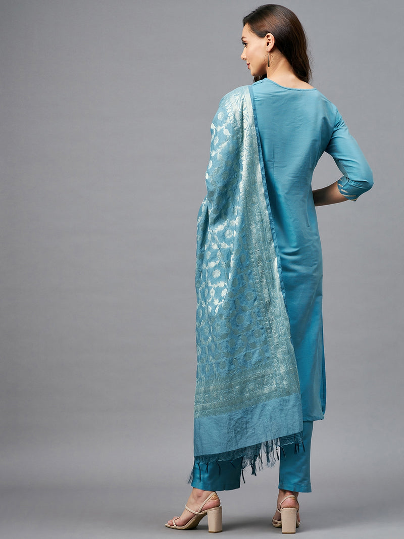 Straight Calf Length Kurta With Palazzo & Dupatta