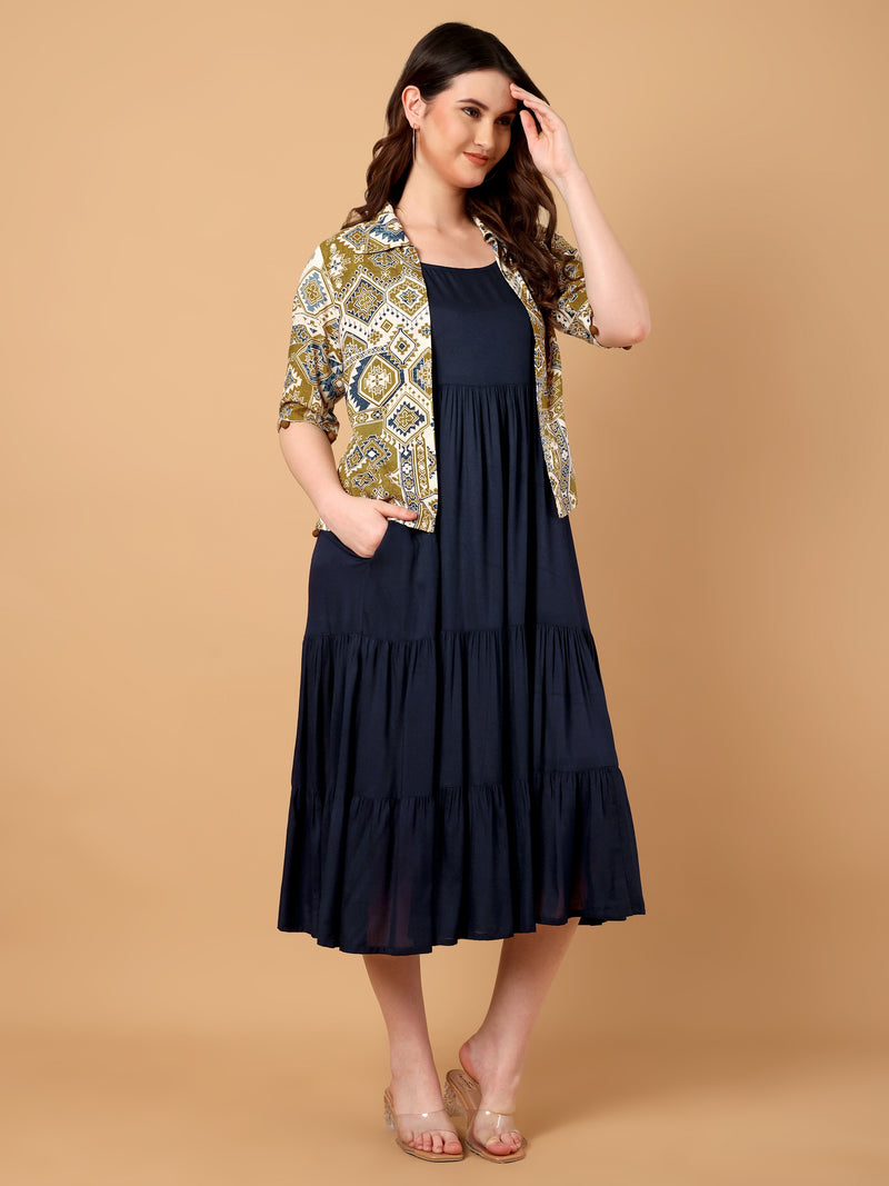 Gathered Dress with Printed jacket