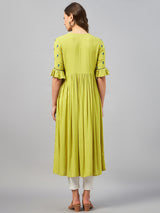 A-Line Lime Green Paisely Embroidered Rayon Kurta