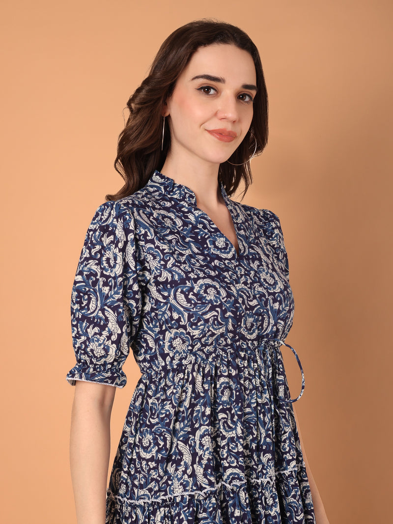 Printed Mandarin Collared Midi Dress