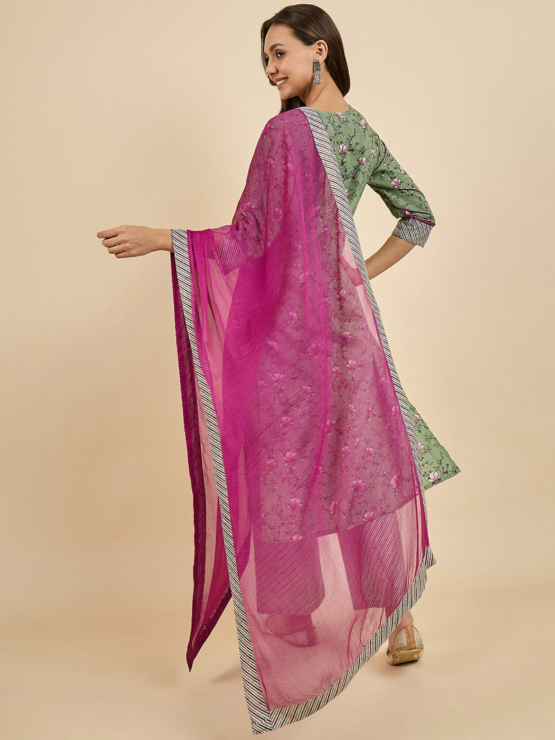 Floral Printed Kurta With Palazzo & Dupatta Set