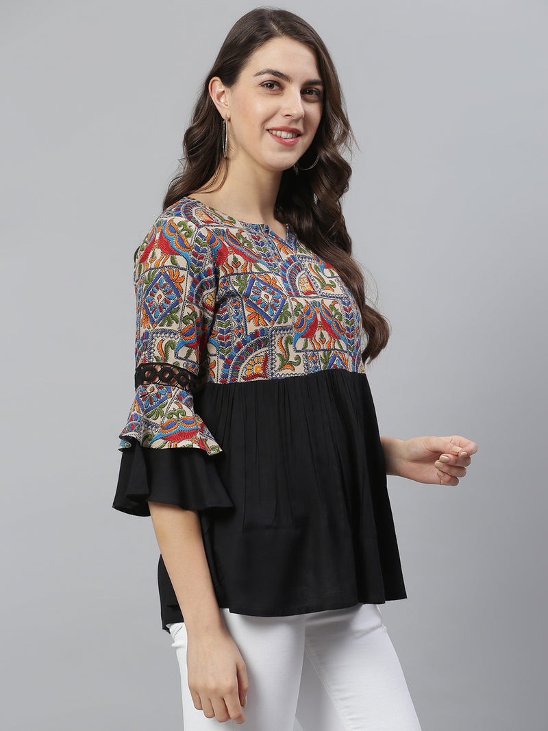 Black and Beige Abstract Printed Gathered Top