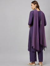 Solid Purple Rayon Kurta With Palazzo & Dupatta