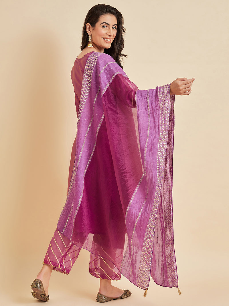 Straight Magenta Kurta With Palazzo & Dupatta set