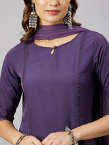 Solid Purple Rayon Kurta With Palazzo & Dupatta