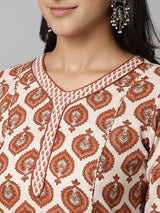 Beige and Brown Ethnic Printed Side Slit Straight Kurta With Palazzo Set