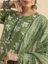 Floral Printed Straight Kurta With Palazzo & Dupatta Set